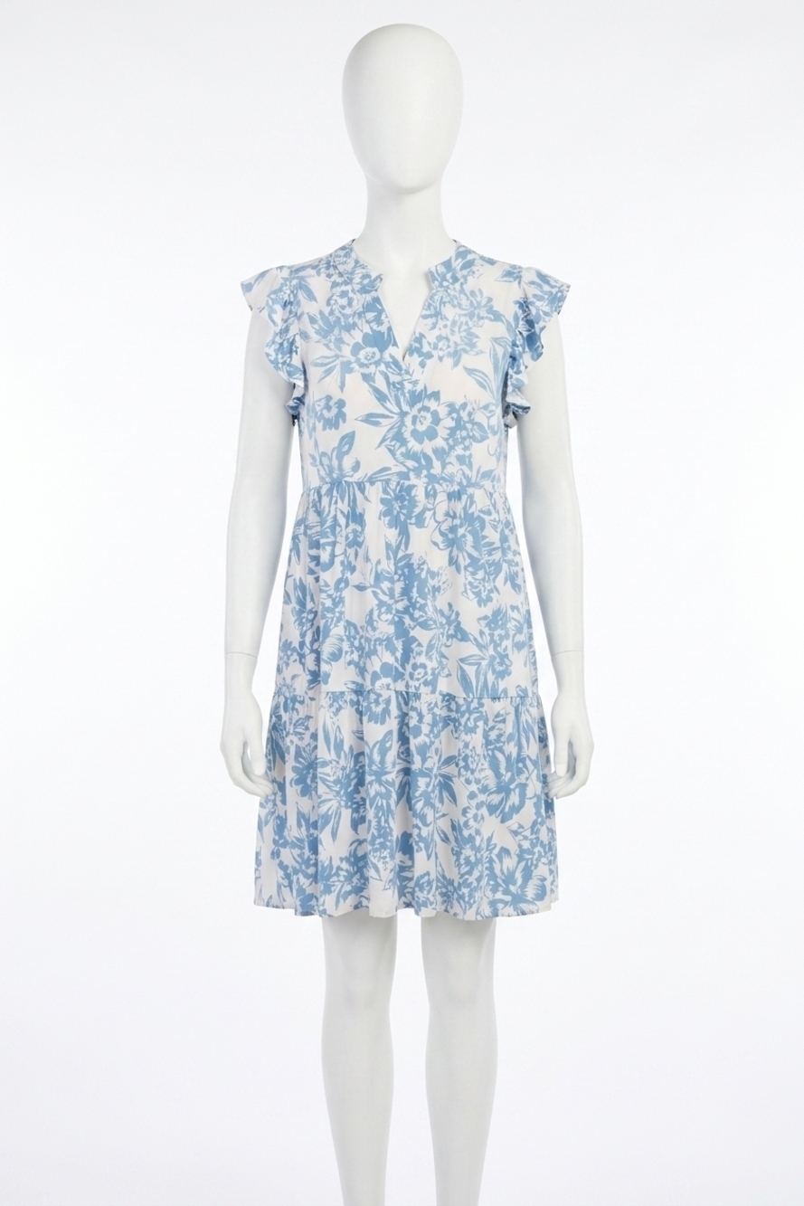 NEW DEAR SCARLETT lizzy tiered flutter sleeve mini dress in taupe blue